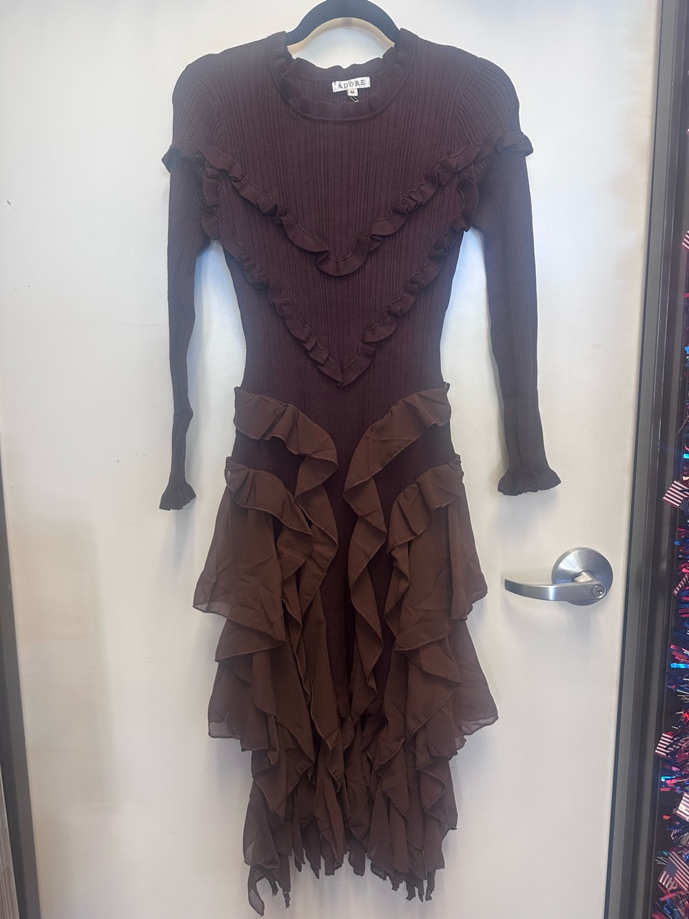 KHAITE Chocolate Brown Long-Sleeve Ruffle Midi Dress